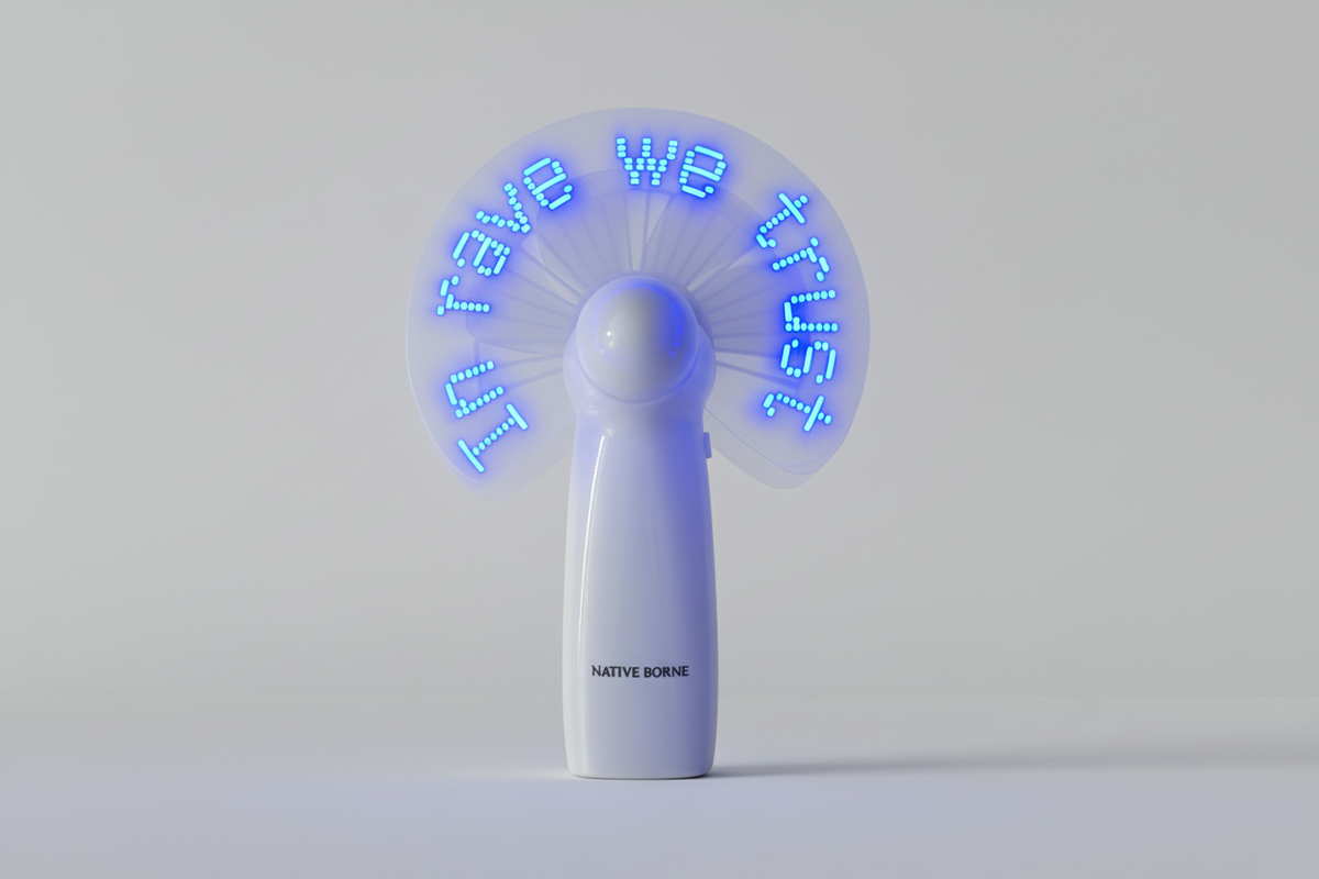 NATIVE BORNE Dance Fan handheld LED fan, lit, side view