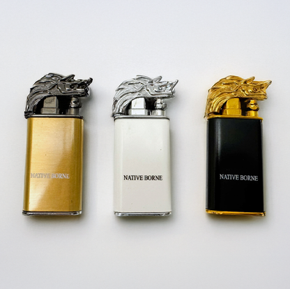 Native Borne Turbo Lighter in gold, white and black, front view