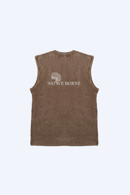 NATIVE BORNE Sleeveless Top (Brown), back view with logo