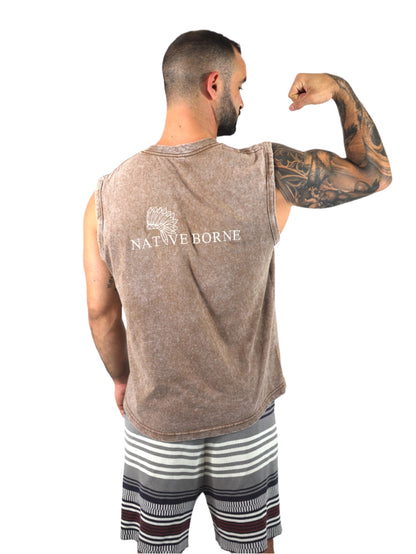 Model wearing the NATIVE BORNE Sleeveless Top (Brown), back view