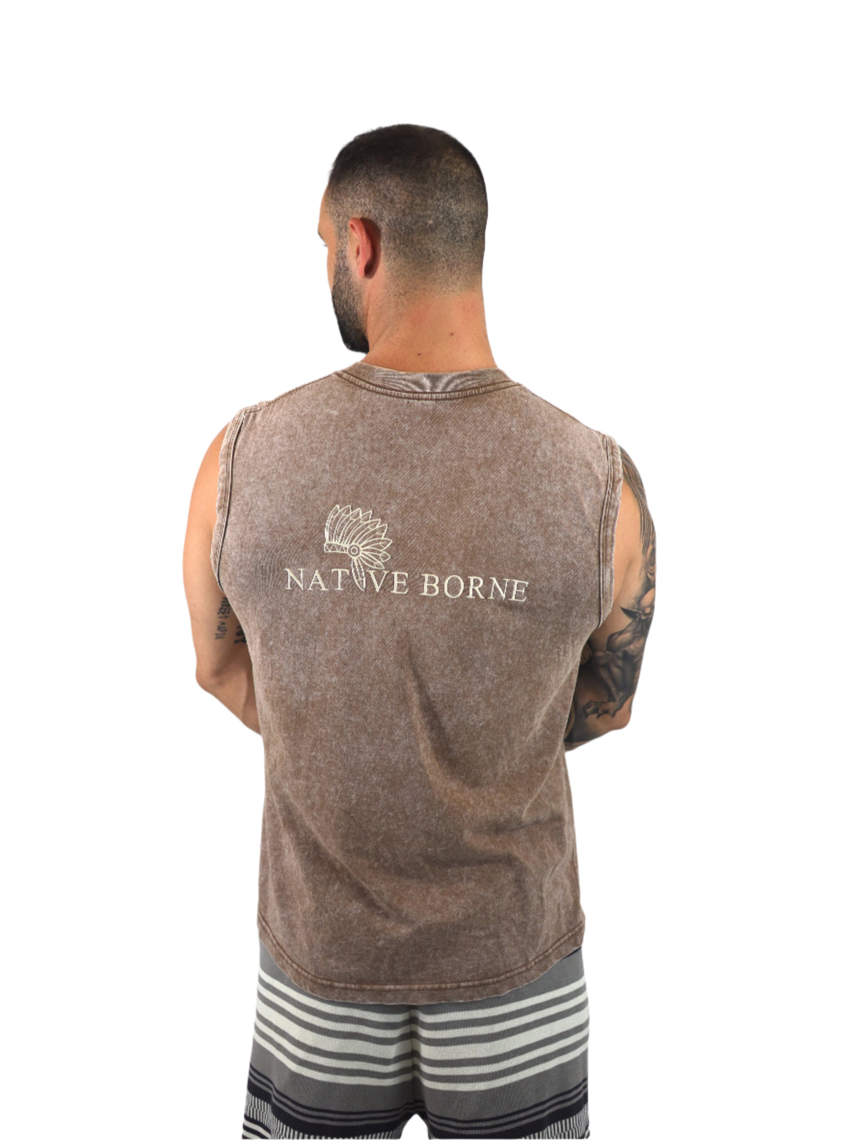 Model wearing the NATIVE BORNE Sleeveless Top (Brown), back view