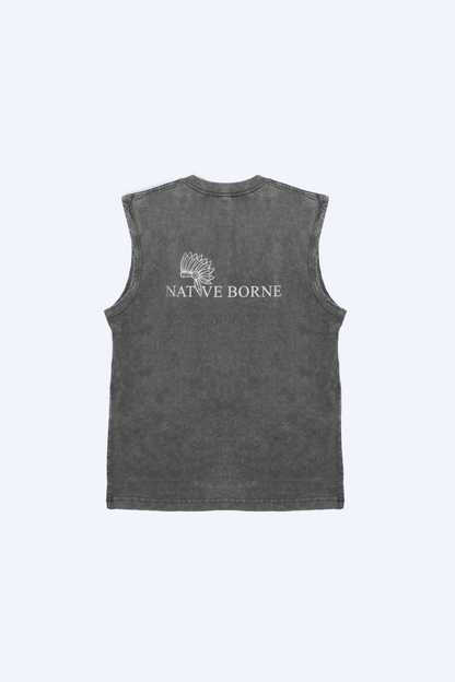 NATIVE BORNE Sleeveless Top (Dark Grey), back view with logo