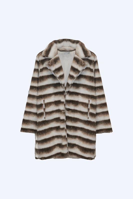 NATIVE BORNE The Oasis Jacket (Brown/Cream) striped fur-style coat, front view
