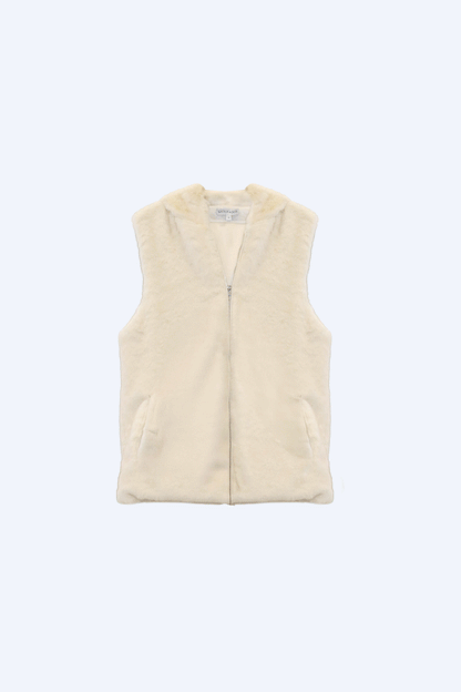 NATIVE BORNE Yos Vest (Cream) hooded fur-style vest, front view