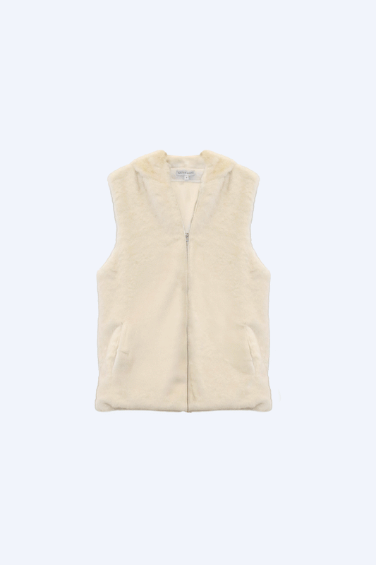 NATIVE BORNE Yos Vest (Cream) hooded fur-style vest, front view