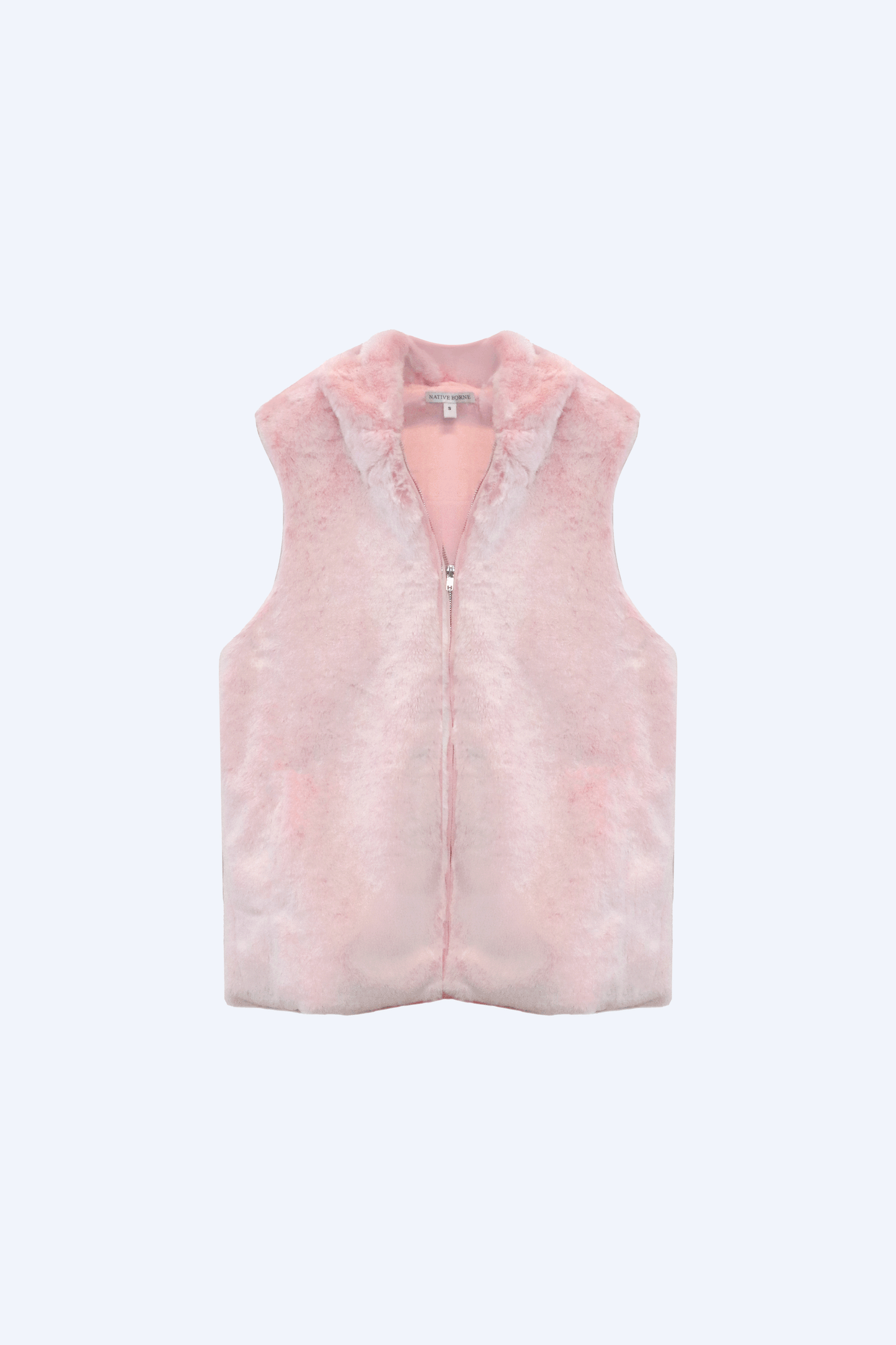 NATIVE BORNE Yos Vest (Pink) hooded fur-style vest, front view