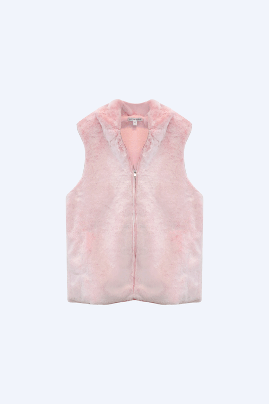 NATIVE BORNE Yos Vest (Pink) hooded fur-style vest, front view